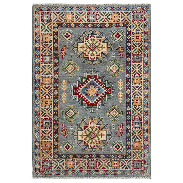 Gray Afghan Kazak Rug 2' 7" x 3' 11" Hand-Knotted | No. AL41308