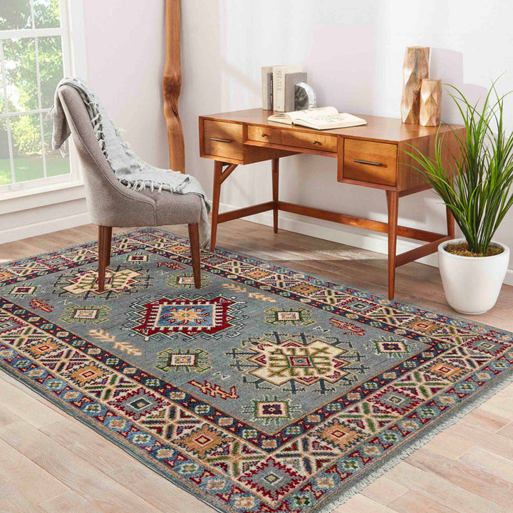Gray Afghan Kazak Rug 2' 7" x 3' 11" Hand-Knotted | No. AL41308