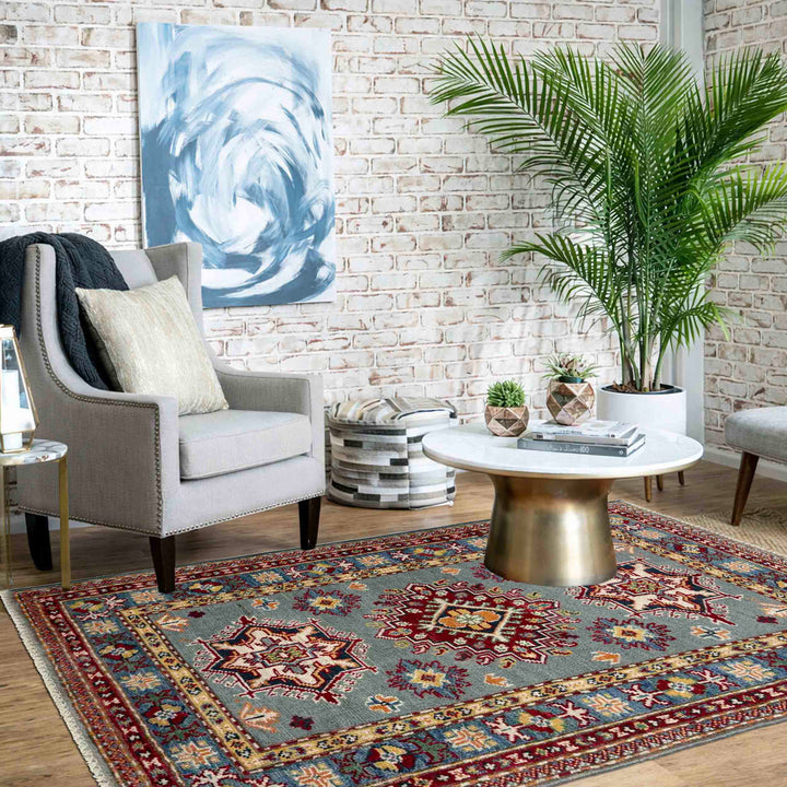 Gray Afghan Kazak Rug 2' 6" x 3' 11" Hand-Knotted | No. AL34810