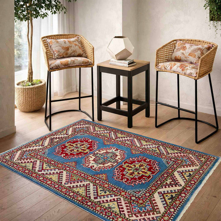 Blue Afghan Kazak Rug 2' 8" x 4' 1" Hand-Knotted reverse