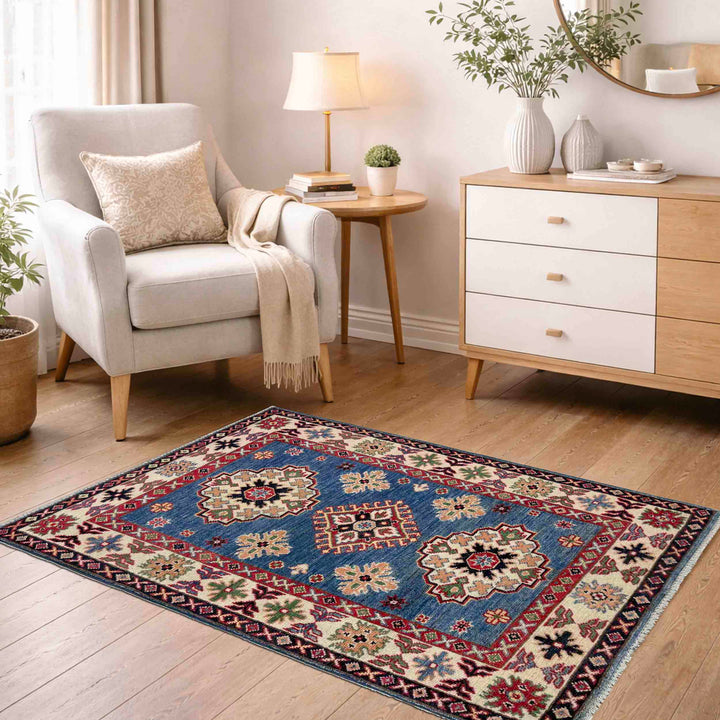 Blue Afghan Kazak Rug 2' 7" x 4' 1" Hand-Knotted reverse