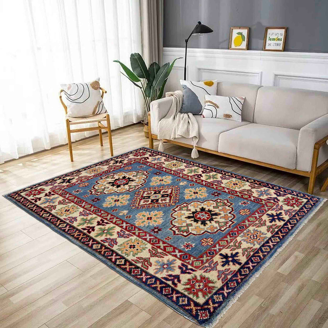 Blue Afghan Kazak Rug 2' 7" x 4' 3" Hand-Knotted reverse
