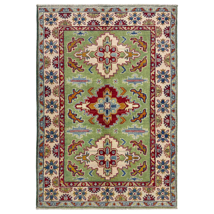 Green Afghan Kazak Rug 3' 3" x 5' 0" Hand-Knotted | No. AL43444