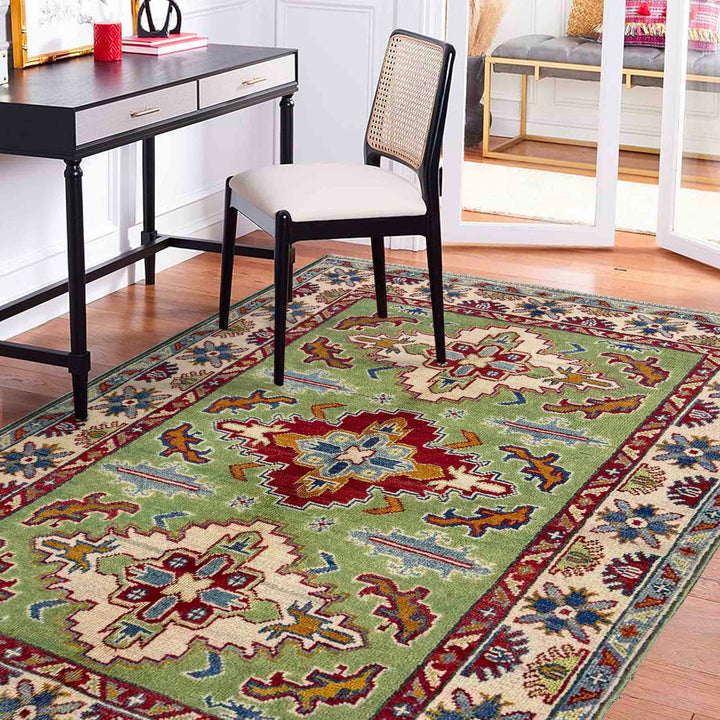 Green Afghan Kazak Rug 3' 3" x 5' 0" Hand-Knotted | No. AL43444