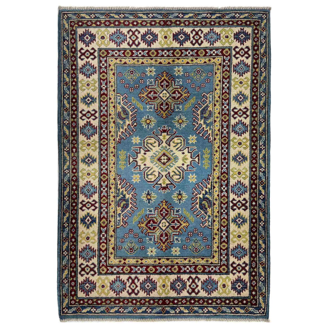 Blue Afghan Kazak Rug 3' 3" x 4' 10" Hand-Knotted