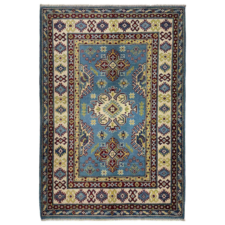 Blue Afghan Kazak Rug 3' 3" x 4' 10" Hand-Knotted
