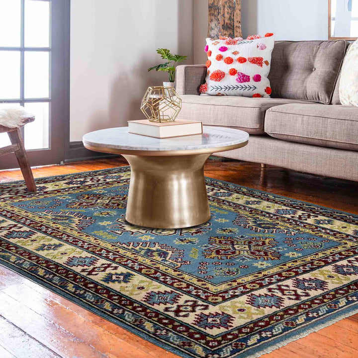 Blue Afghan Kazak Rug 3' 3" x 4' 10" Hand-Knotted texture