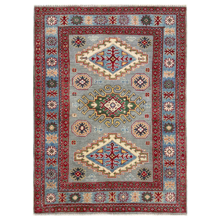 Gray Afghan Kazak Rug 3' 3" x 4' 9" Hand-Knotted