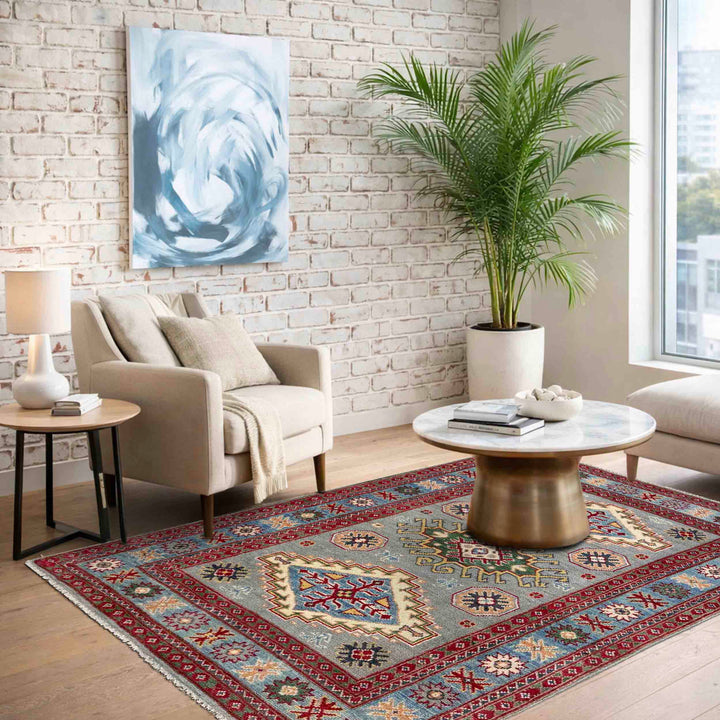 Gray Afghan Kazak Rug 3' 3" x 4' 9" Hand-Knotted texture