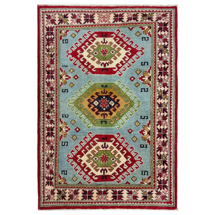 Blue Afghan Kazak Rug 3' 3" x 4' 11" Hand-Knotted | No. AL33109