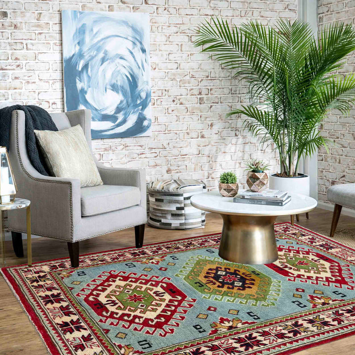 Blue Afghan Kazak Rug 3' 3" x 4' 11" Hand-Knotted | No. AL33109
