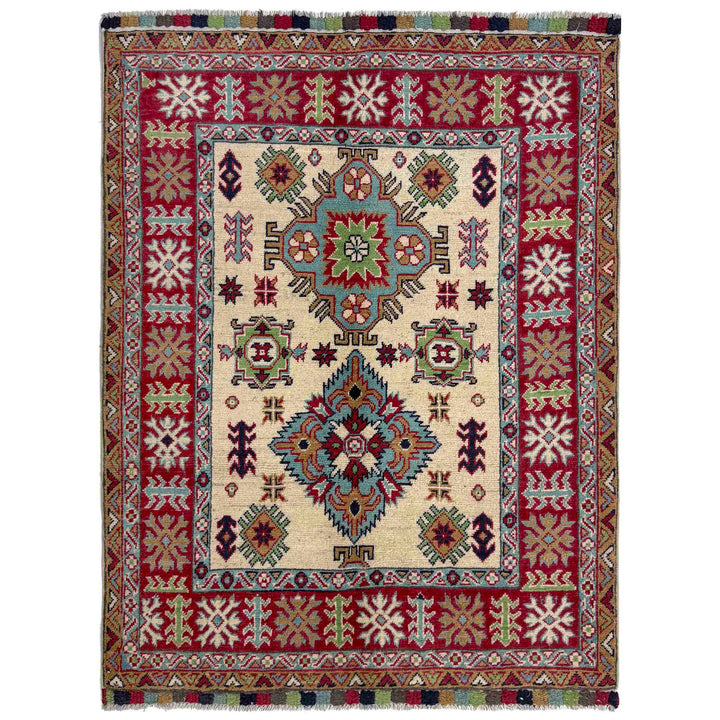 Beige Afghan Kazak Rug 3' 4" x 4' 7" Hand-Knotted | No. AL33458