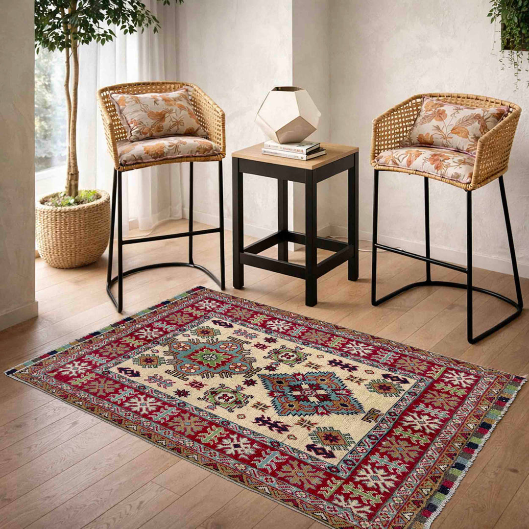 Beige Afghan Kazak Rug 3' 4" x 4' 7" Hand-Knotted | No. AL33458