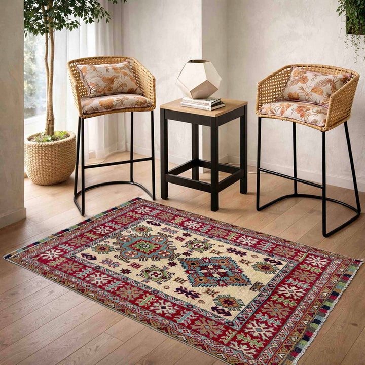 Beige Afghan Kazak Rug 3' 4" x 4' 7" Hand-Knotted | No. AL33458
