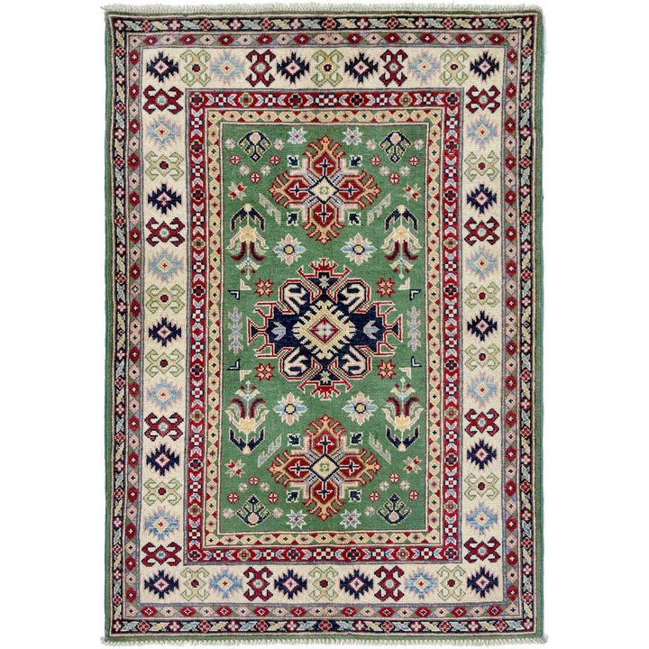 Green Afghan Kazak Rug 3' 3" x 5' 0" Hand-Knotted