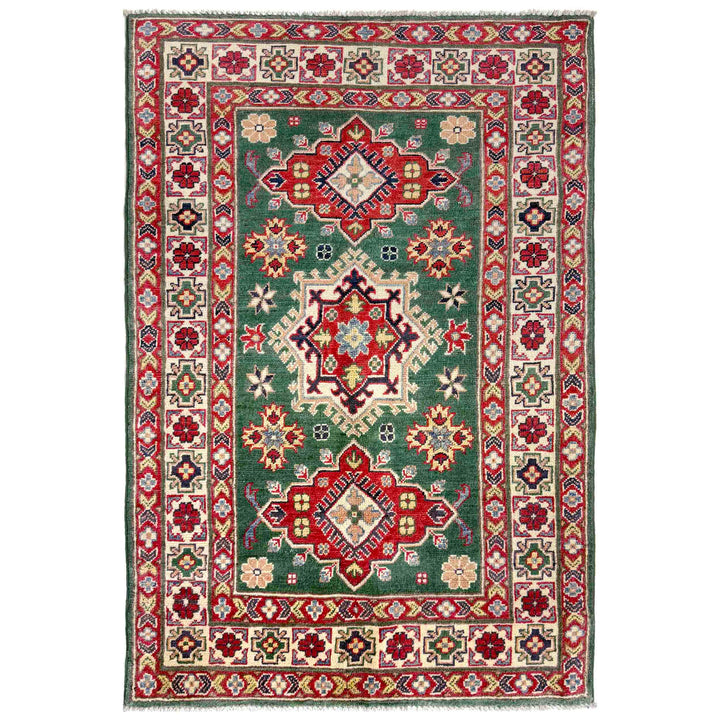 Green Afghan Kazak Rug 3' 2" x 5' 1" Hand-Knotted | No. AL59601