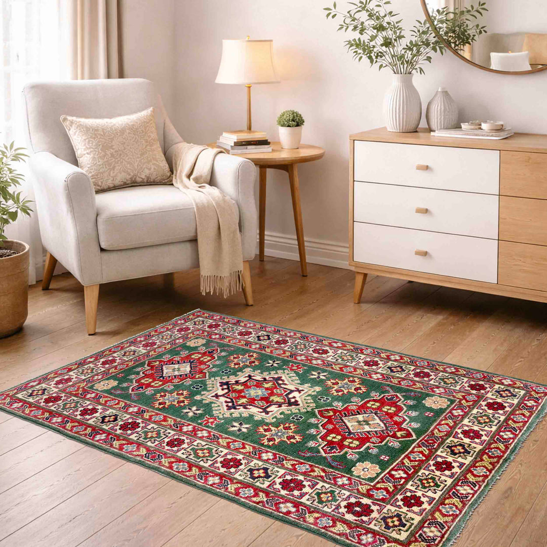 Green Afghan Kazak Rug 3' 2" x 5' 1" Hand-Knotted | No. AL59601