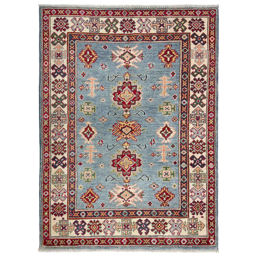 Blue Afghan Kazak Rug 3' 3" x 4' 11" Hand-Knotted