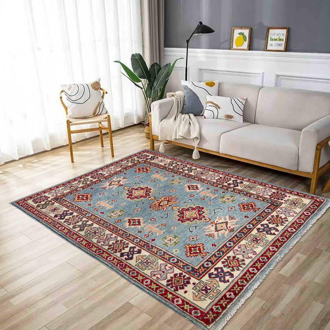 Blue Afghan Kazak Rug 3' 3" x 4' 11" Hand-Knotted reverse