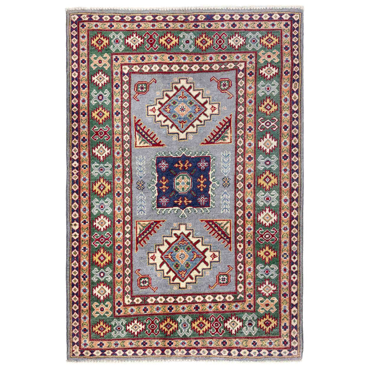 Blue Afghan Kazak Rug 3' 3" x 4' 10" Hand-Knotted