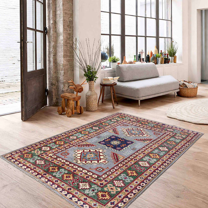 Blue Afghan Kazak Rug 3' 3" x 4' 10" Hand-Knotted reverse