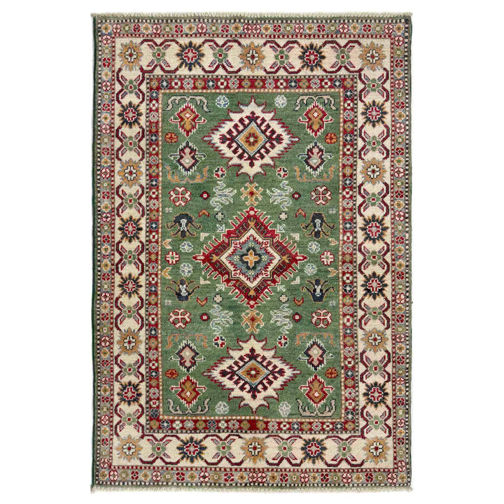 Green Afghan Kazak Rug 3' 3" x 4' 11" Hand-Knotted | No. AL28507