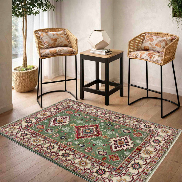 Green Afghan Kazak Rug 3' 3" x 4' 11" Hand-Knotted | No. AL28507