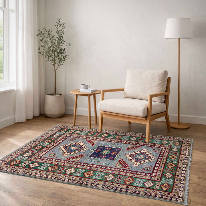 Gray Afghan Kazak Rug 3' 2" x 4' 9" Hand-Knotted | No. AL15303
