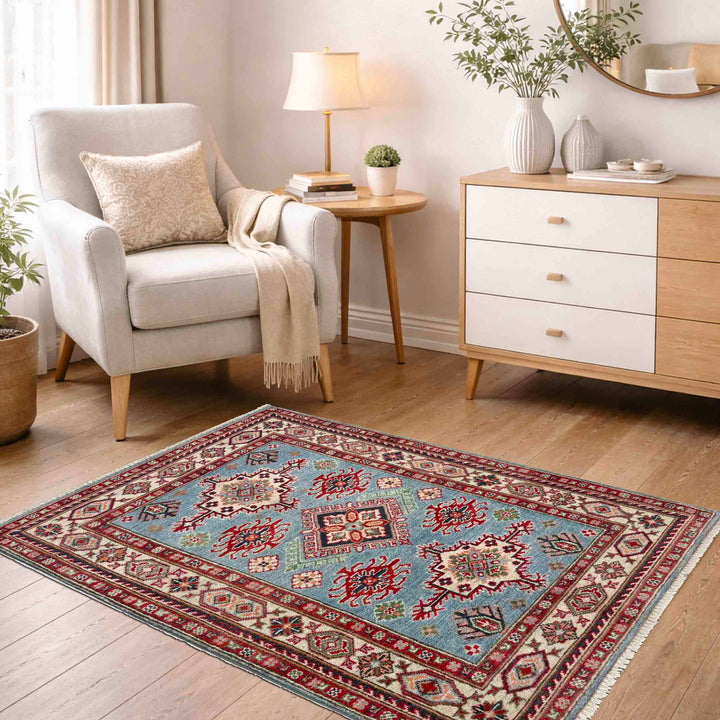 Blue Afghan Kazak Rug 3' 3" x 4' 11" Hand-Knotted texture