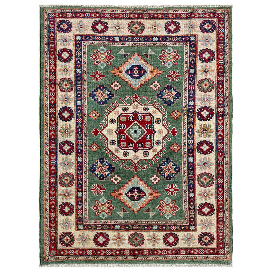 Green Afghan Kazak Rug 3' 2" x 4' 9" Hand-Knotted