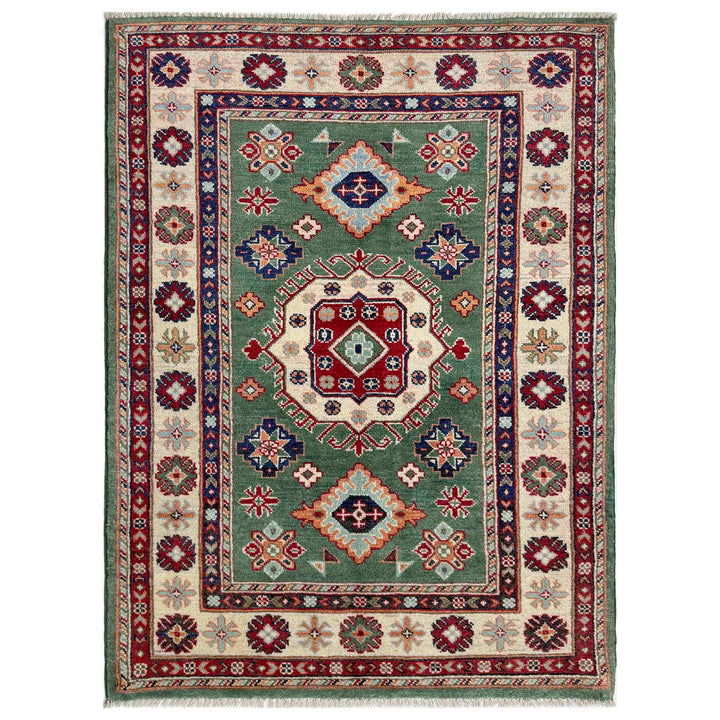 Green Afghan Kazak Rug 3' 2" x 4' 9" Hand-Knotted