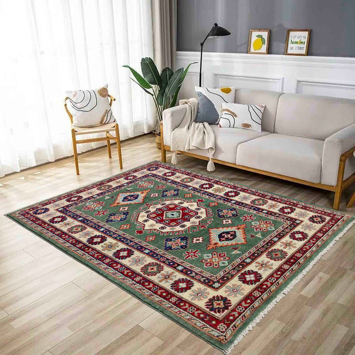 Green Afghan Kazak Rug 3' 2" x 4' 9" Hand-Knotted reverse