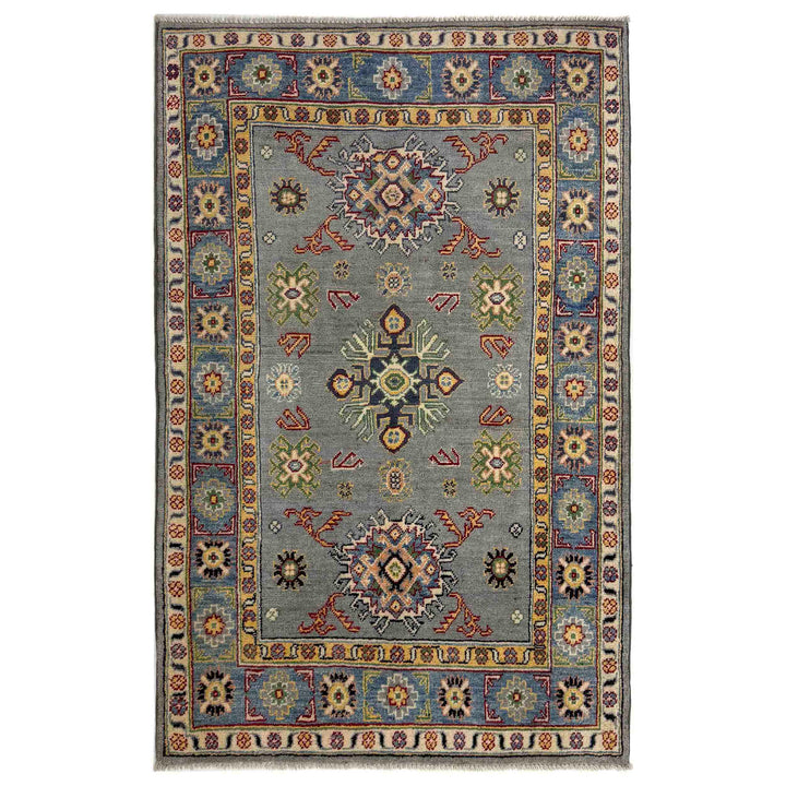 Gray Afghan Kazak Rug 3' 2" x 5' 1" Hand-Knotted | No. AL64311