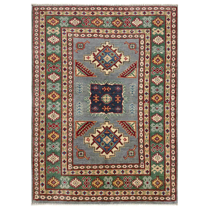 Gray Afghan Kazak Rug 3' 3" x 4' 9" Hand-Knotted | No. AL44855