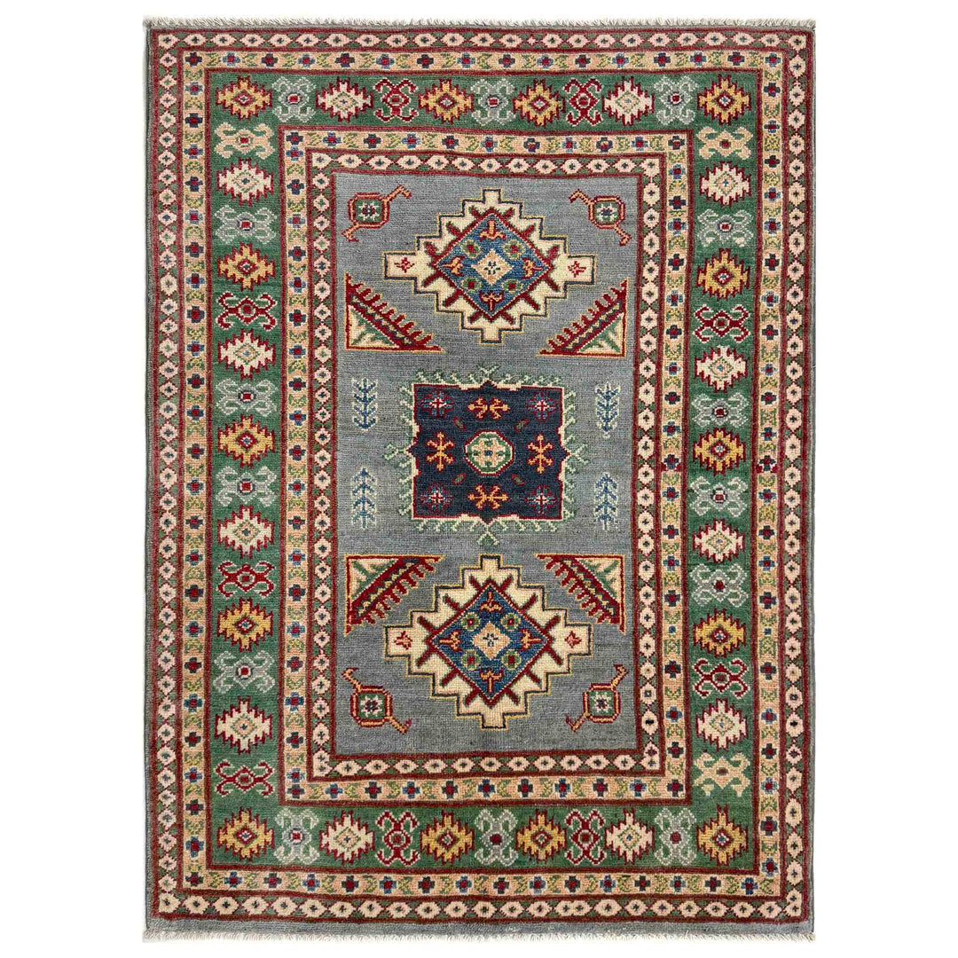 Gray Afghan Kazak Rug 3' 3" x 4' 9" Hand-Knotted