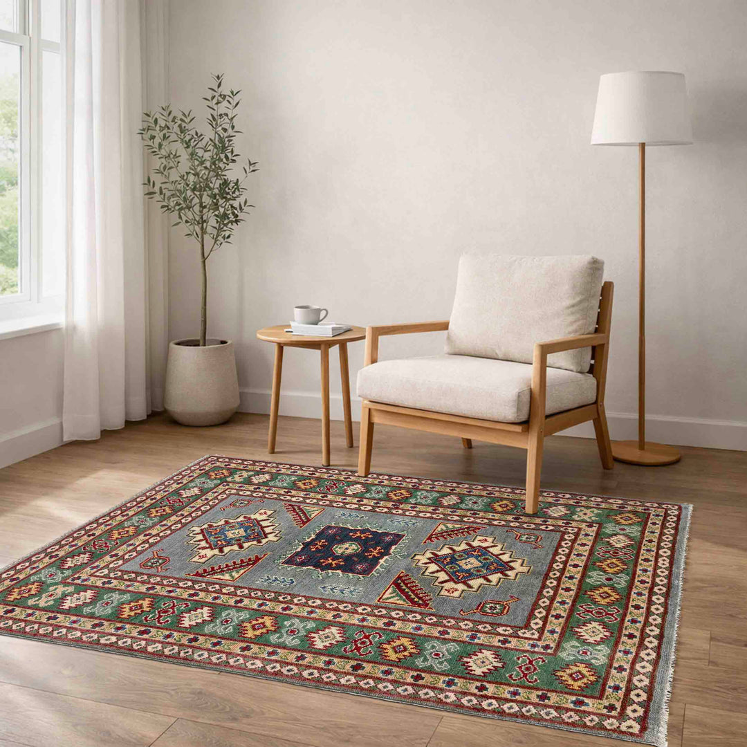Gray Afghan Kazak Rug 3' 3" x 4' 9" Hand-Knotted texture