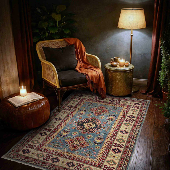 Blue Afghan Kazak Rug 3' 3" x 5' 1" Hand-Knotted texture