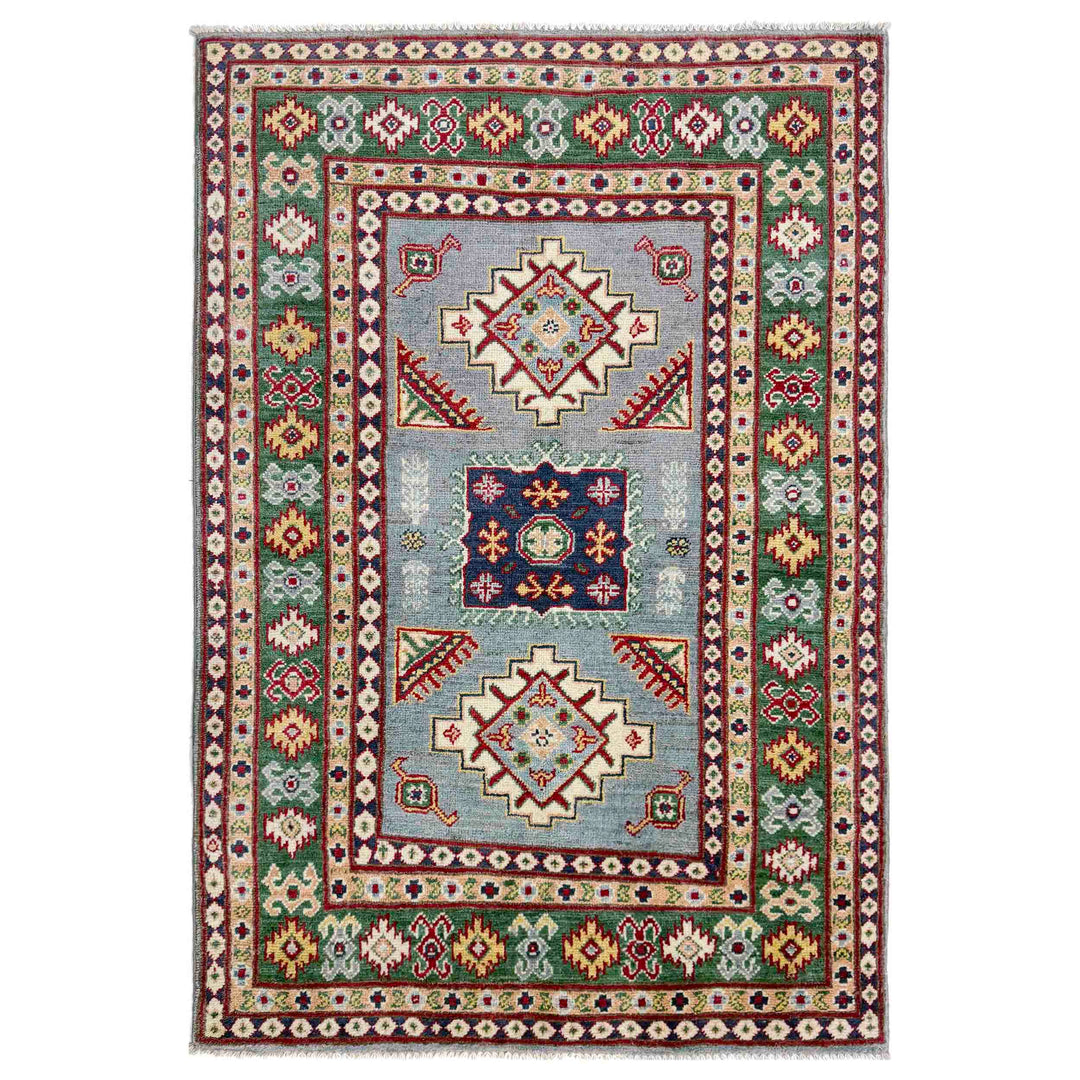 Gray Afghan Kazak Rug 3' 2" x 5' 0" Hand-Knotted