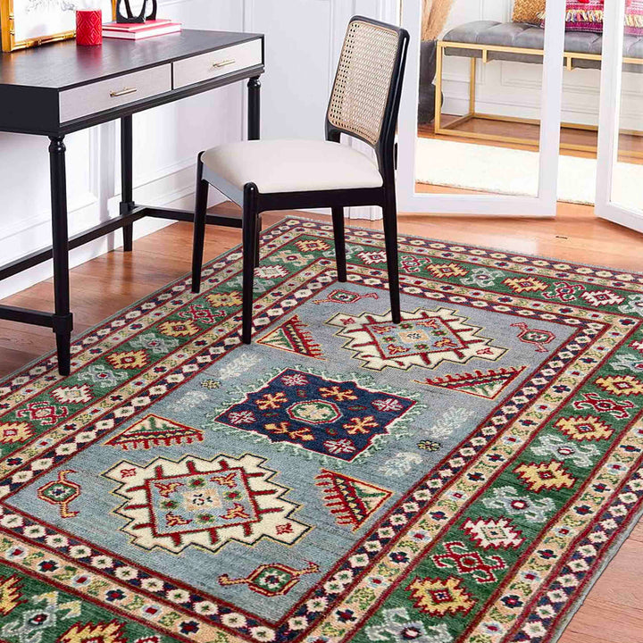 Gray Afghan Kazak Rug 3' 2" x 5' 0" Hand-Knotted reverse