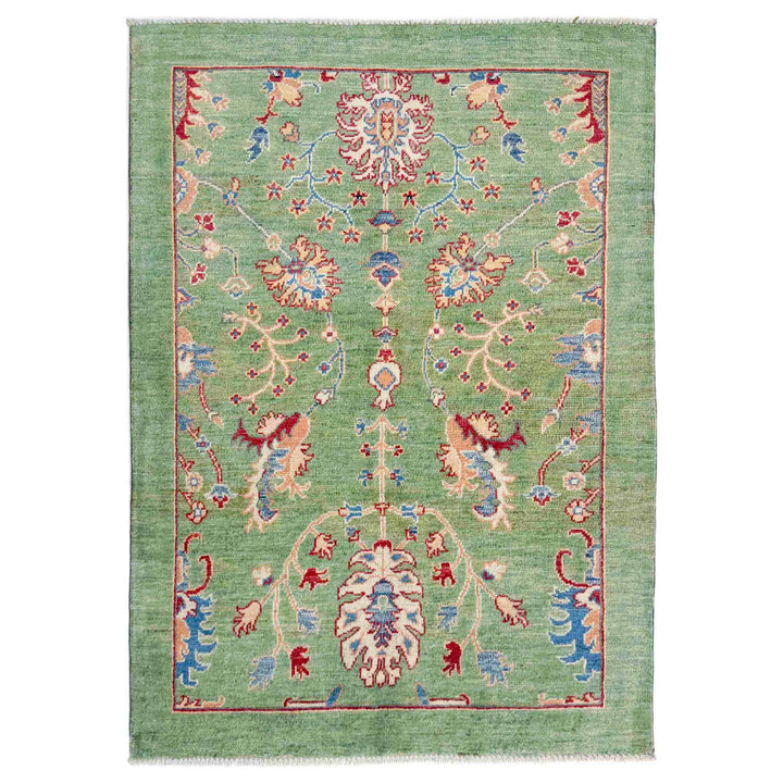 Green Afghan Sultani Rug 3' 4" x 4' 10" Hand-Knotted