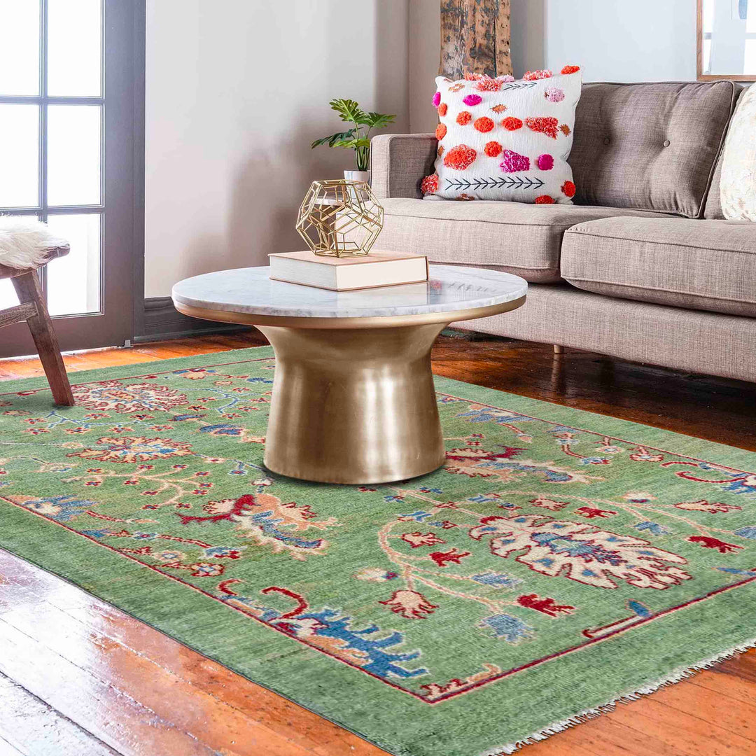 Green Afghan Sultani Rug 3' 4" x 4' 10" Hand-Knotted reverse