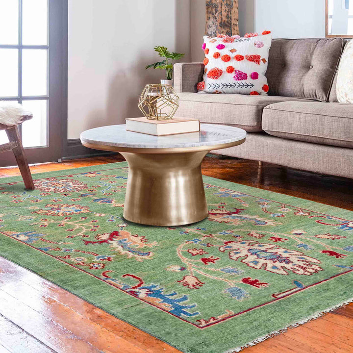 Green Afghan Sultani Rug 3' 4" x 4' 10" Hand-Knotted reverse