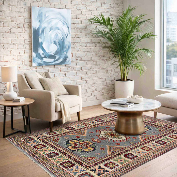 Blue Afghan Kazak Rug 3' 2" x 4' 5" Hand-Knotted reverse