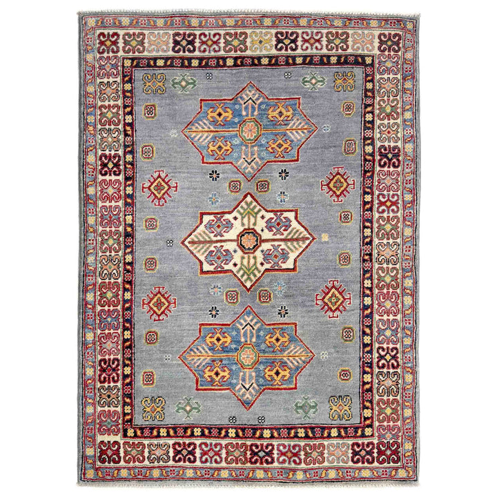 Blue Afghan Kazak Rug 3' 4" x 4' 11" Hand-Knotted | No. AL49523