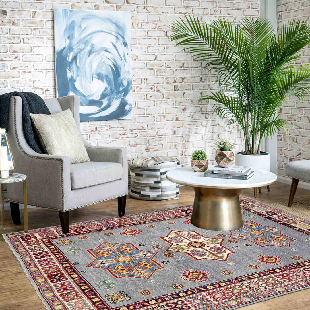 Blue Afghan Kazak Rug 3' 4" x 4' 11" Hand-Knotted | No. AL49523
