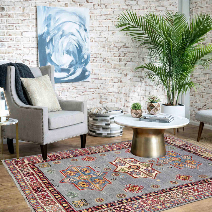 Blue Afghan Kazak Rug 3' 4" x 4' 11" Hand-Knotted | No. AL49523