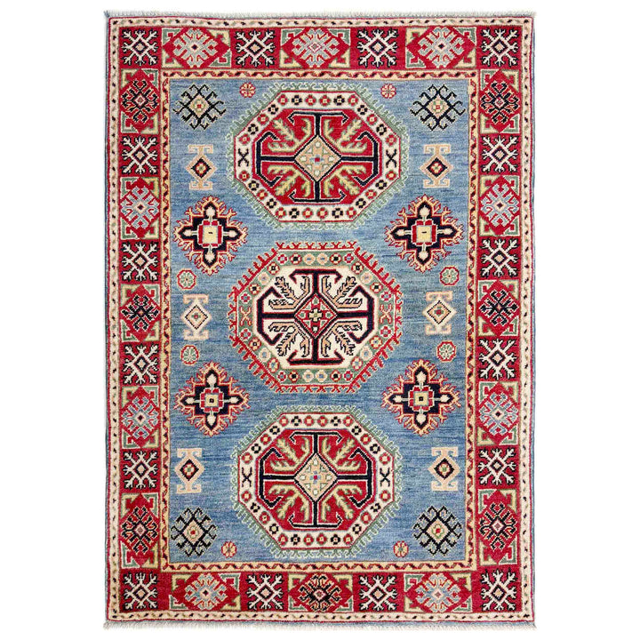 Blue Afghan Kazak Rug 3' 4" x 4' 10" Hand-Knotted | No. AL56614