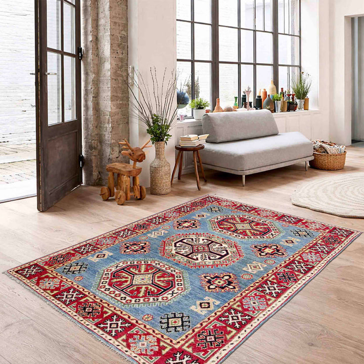 Blue Afghan Kazak Rug 3' 4" x 4' 10" Hand-Knotted | No. AL56614
