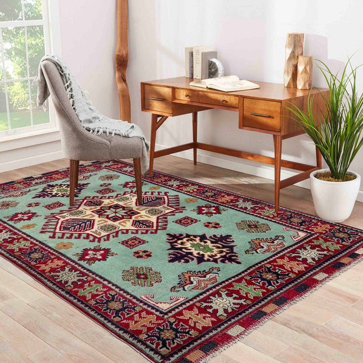 Blue Afghan Kazak Rug 3' 2" x 4' 9" Hand-Knotted reverse