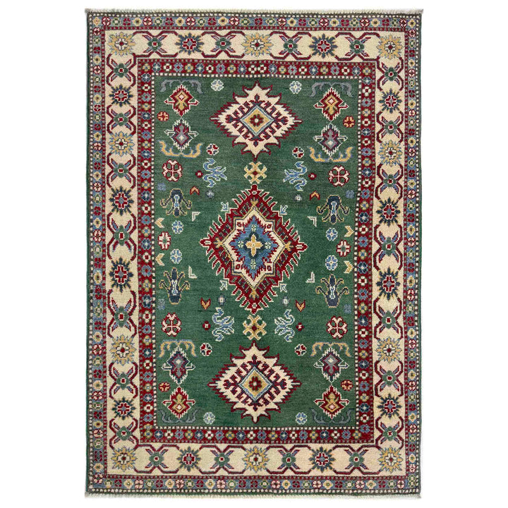 Green Afghan Kazak Rug 3' 3" x 5' 0" Hand-Knotted